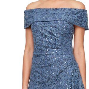 Alex Evenings Wedgewood Blue Ruffle Sequin Lace Gown